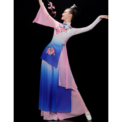 Blue Chinese Folk Classical dance costumes for women girls female floating chinese traditional umbrella fan dance suit examination dance skirts